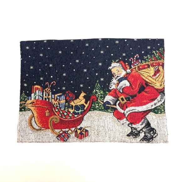 Christmas Tapestry Placemats Set of 6 Santa Pulling Sleigh Ornaments Reversible - Picture 3 of 4